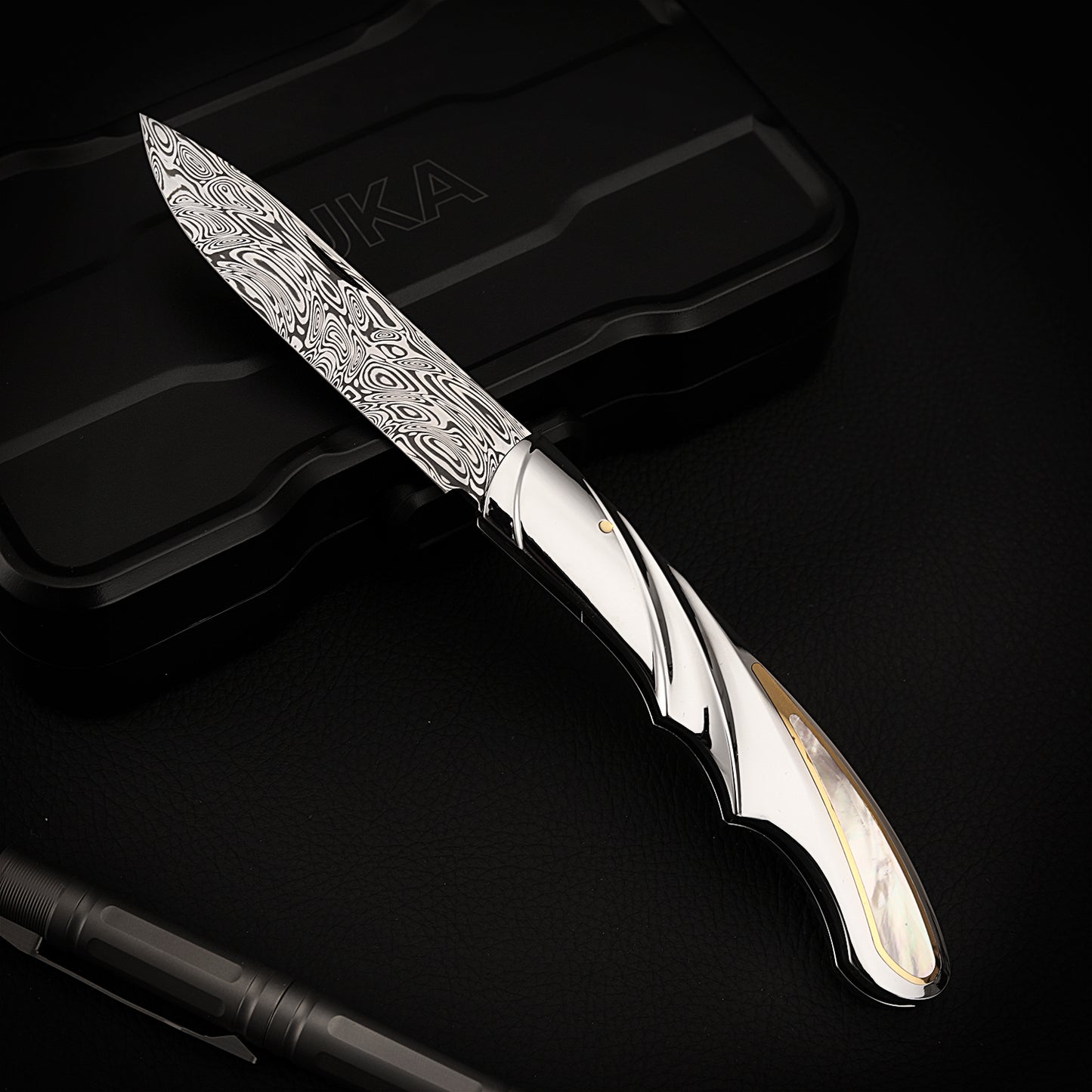 Slip Joint Knife with Mother of Pearl Inlays, Damasteel Blade