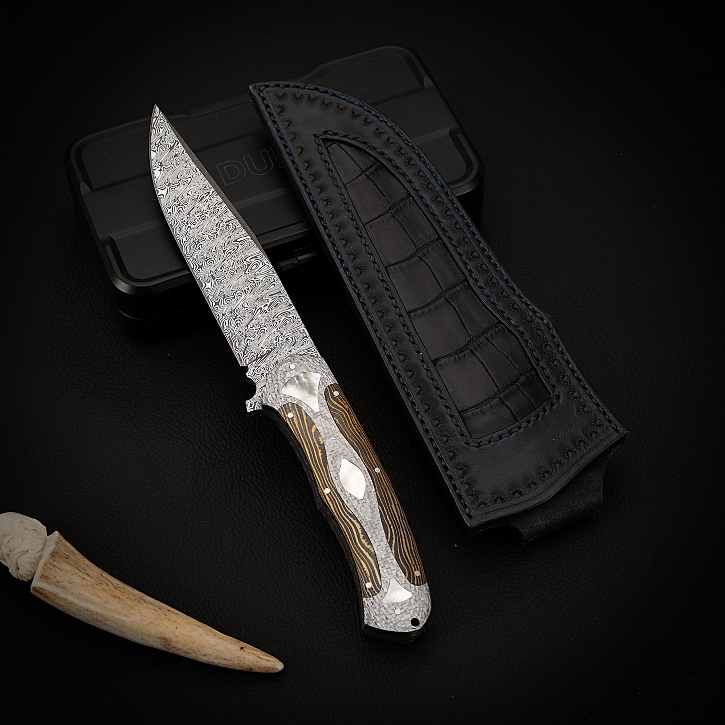 Handcrafted Damasteel Fixed Blade knife Inlaid with Mother of Pearl