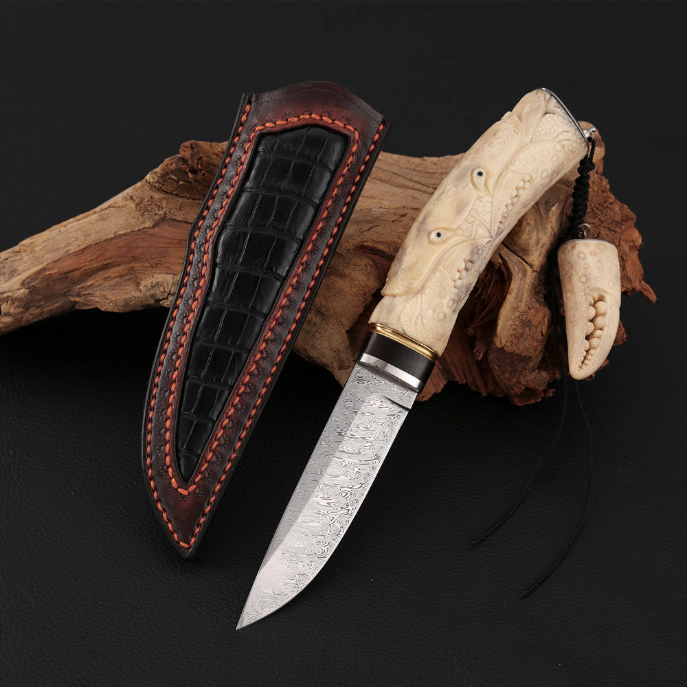 Crab Hand-carved Fixed Blade Knife Damasteel Antler Handle