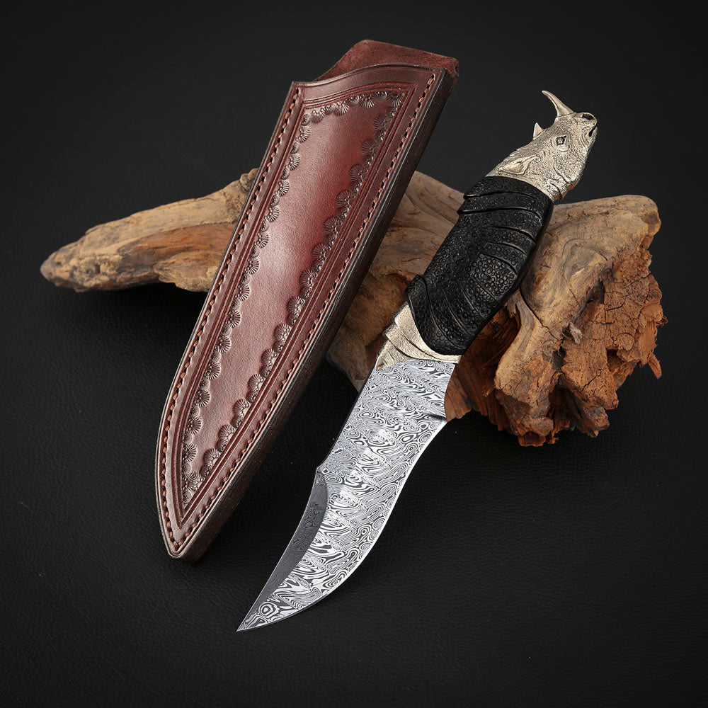 Rhino Custom Hand-engraved Fixed Blade Knife, Swedish Powder Damasteel™