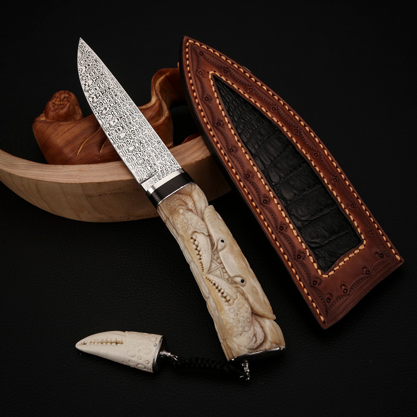 Crab Knife Damasteel Antler Handle