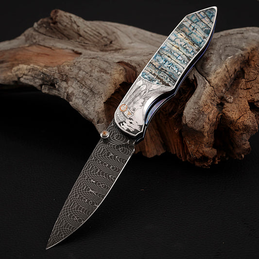 Hand-engraved Folding Knife Damascus Steel, Mammoth Tusks