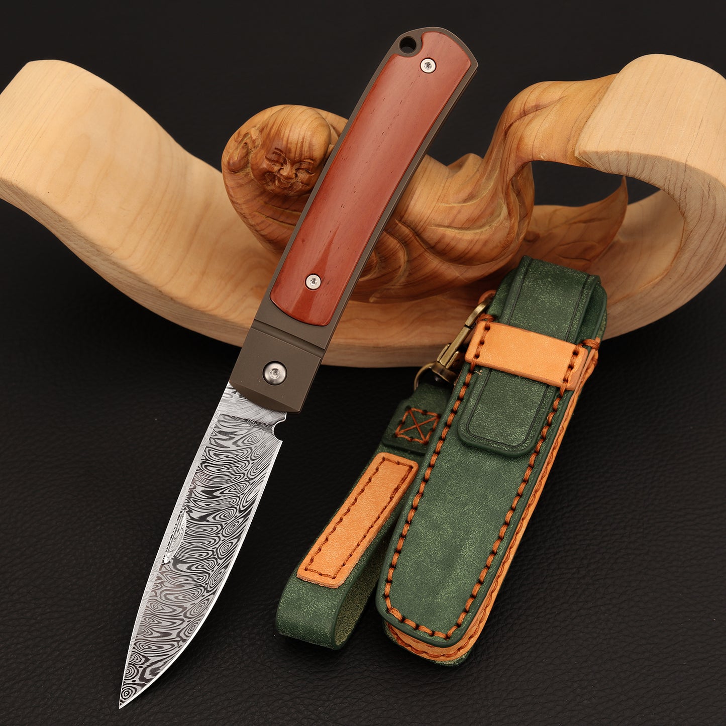 Custom Spear Point Damasteel Pocket Knife, Brown