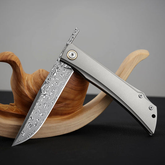 Detent Slip Joint Pocket Knife, Damascus Steel, Titanium