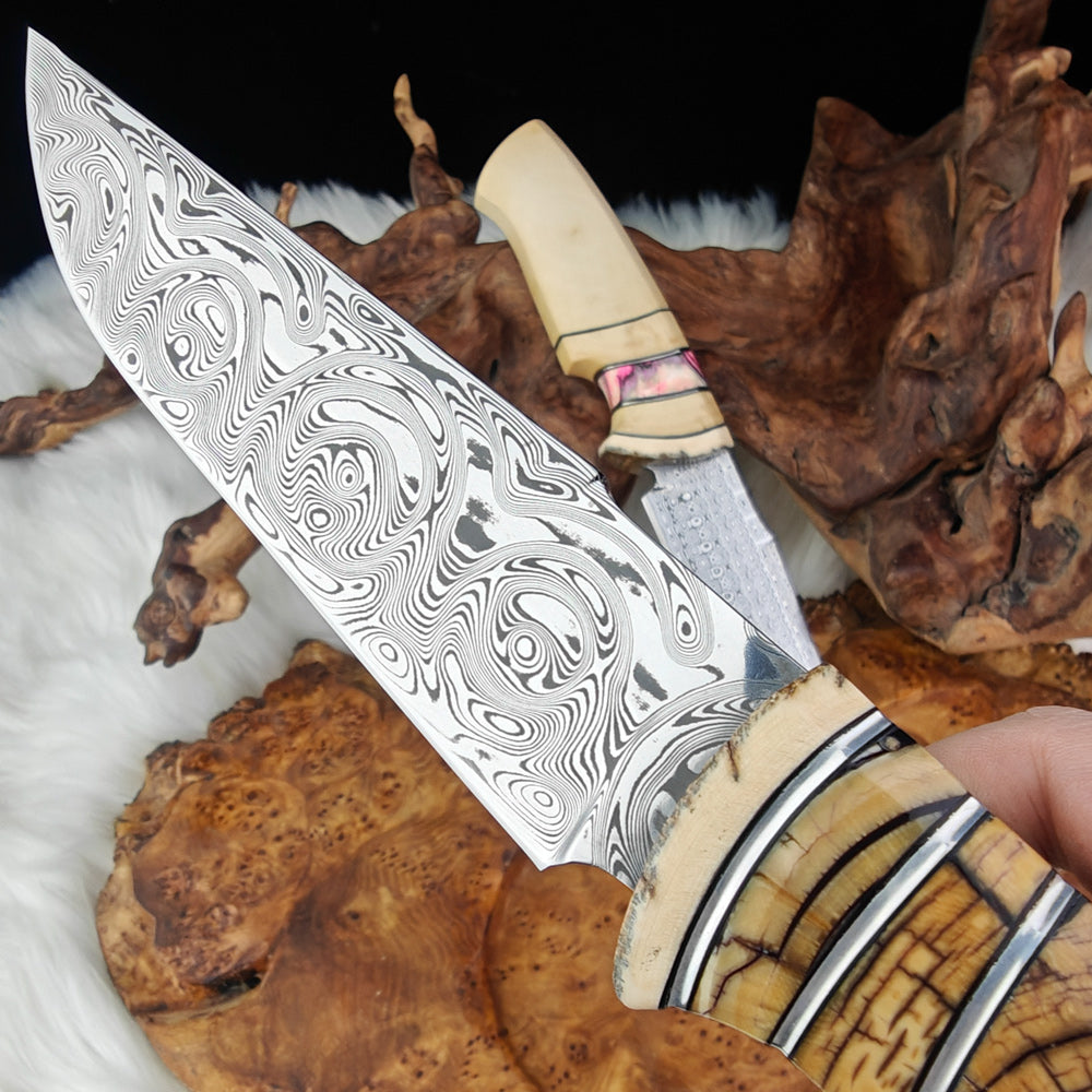 6.5" Hunting Knife in Damasteel with Mammoth Tusks