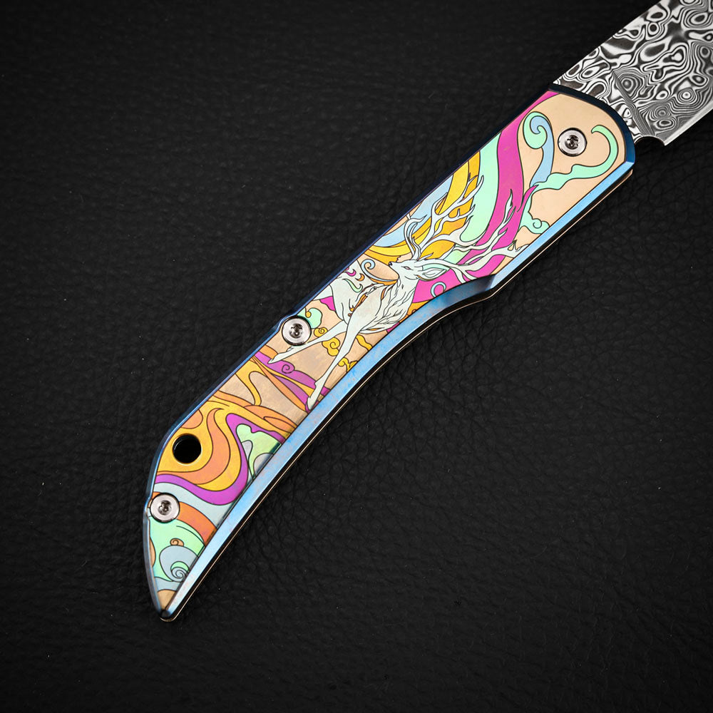 Color Engraving Pocket Knife in Damascus Steel, Titanium