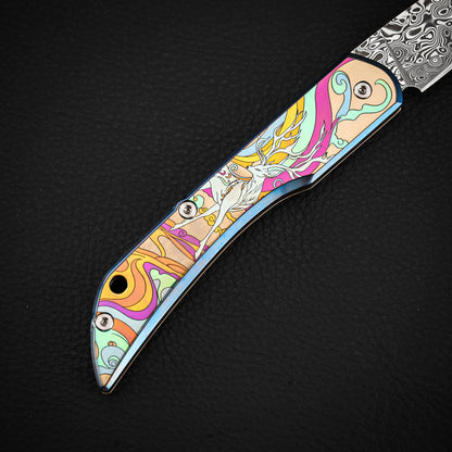 Color Engraving Pocket Knife in Damascus Steel, Titanium