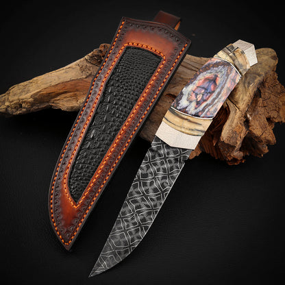 Mosaic Damascus Puukko Mammoth Tusks Handle