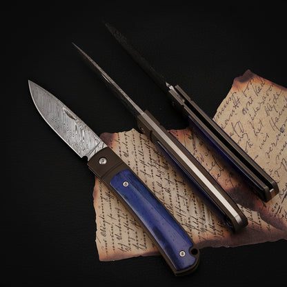 Custom Drop Point Pocket Knife in Damasteel, Blue