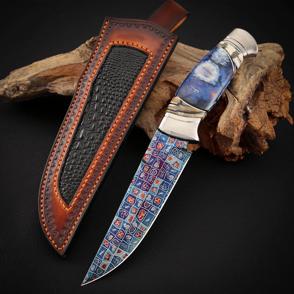 Custom Knives Mosaic Damascus Bluing Heating Leather Sheath