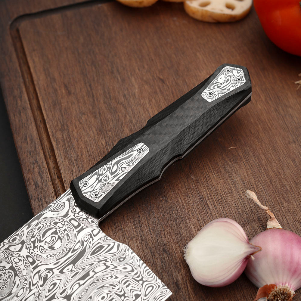 7.4" Cleaver Knife in Damasteel with Carbon Fiber