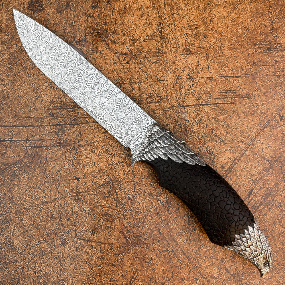 Hand-carved Fixed Blade Knife in Damasteel