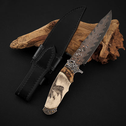 Custom Hand-carved Hunting Knife, Copper-Clad Damascus Steel