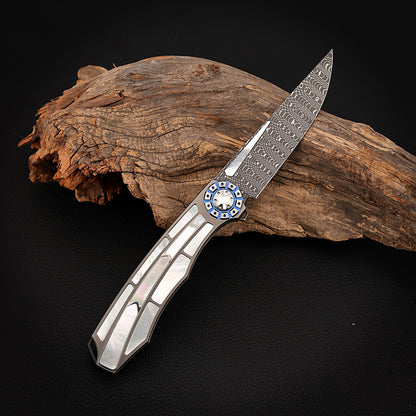 Custom Liner Lock Pocket Knife Forged Damascus Steel Inlaid with Mother of Pearl