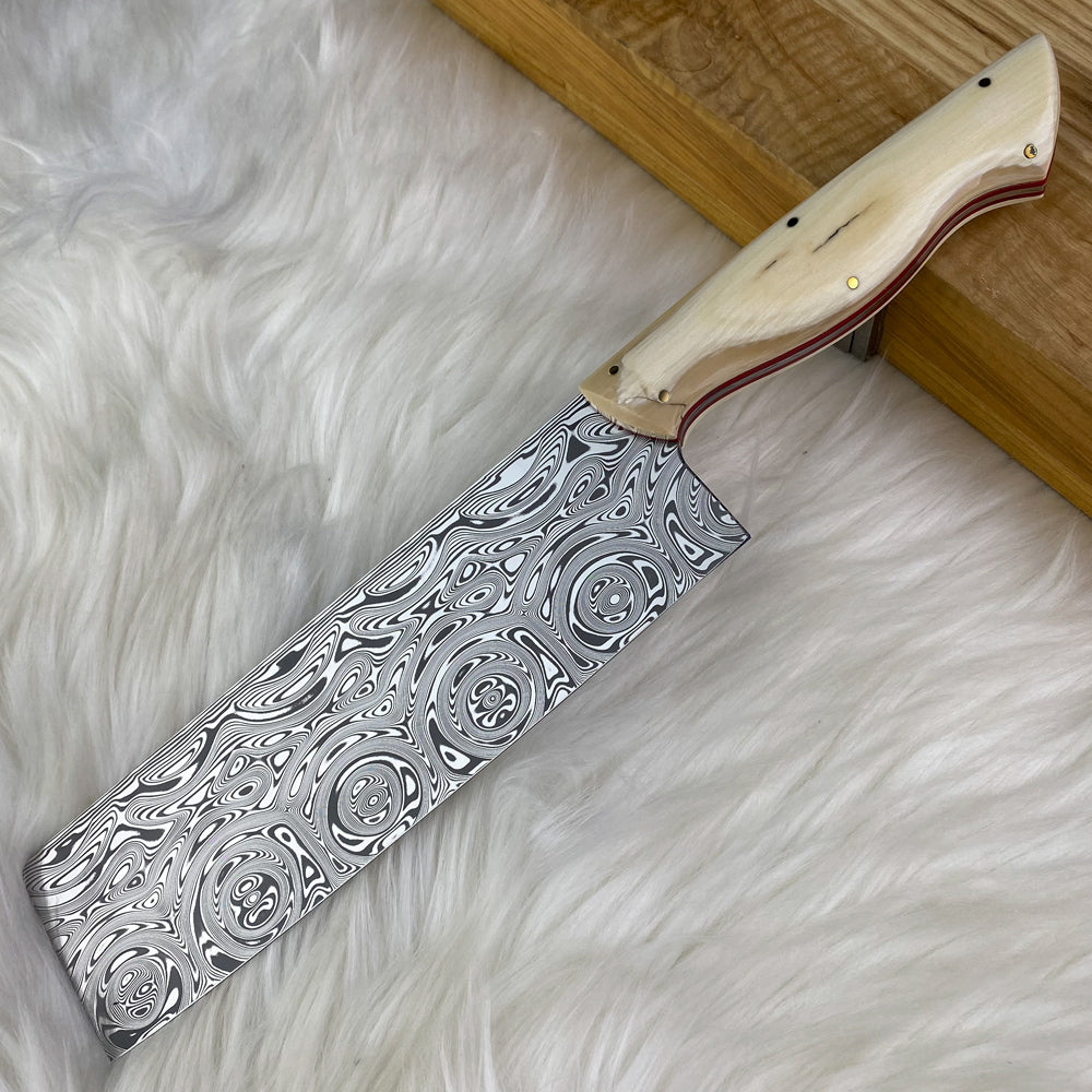 Custom Damasteel Nakiri Knife with Mammoth Tusks