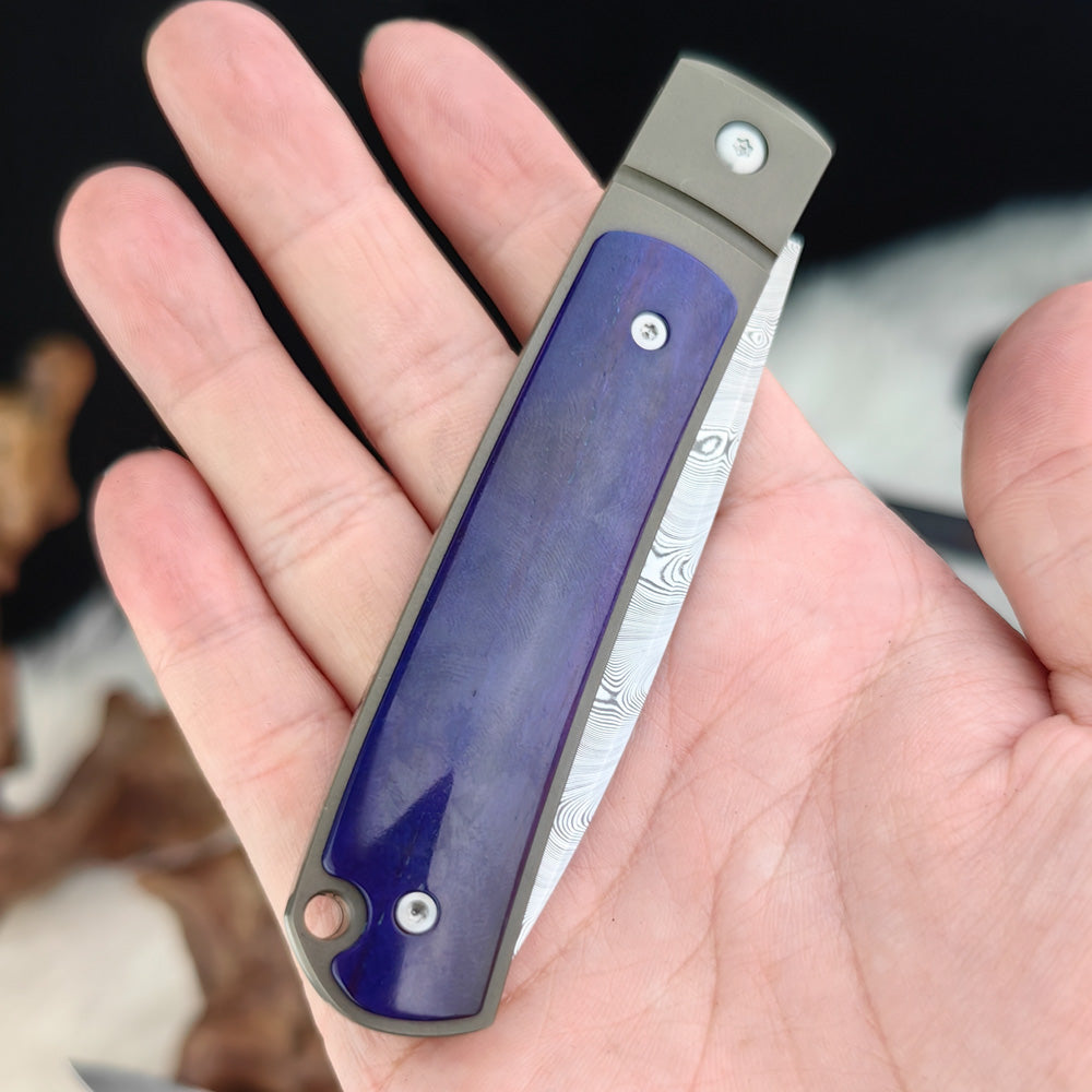 Custom Drop Point Pocket Knife in Damasteel, Blue