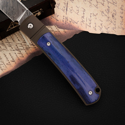 Custom Drop Point Pocket Knife in Damasteel, Blue