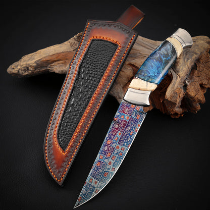Custom Knives Mosaic Damascus Bluing Heating Leather Sheath