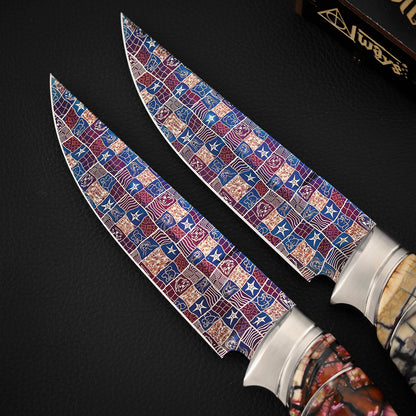 Custom Hunting Knife Mosaic Damascus Bluing Heat Treatment