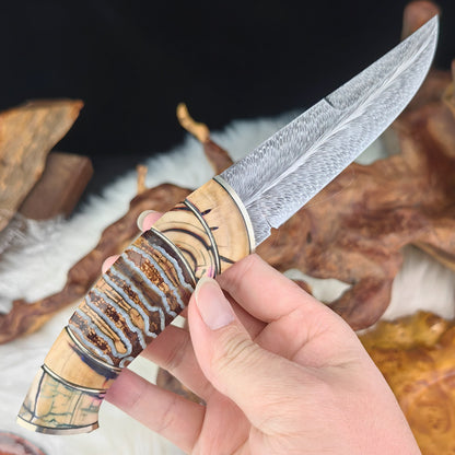 Feather Damascus Puukko Knife with Mammoth Tusks