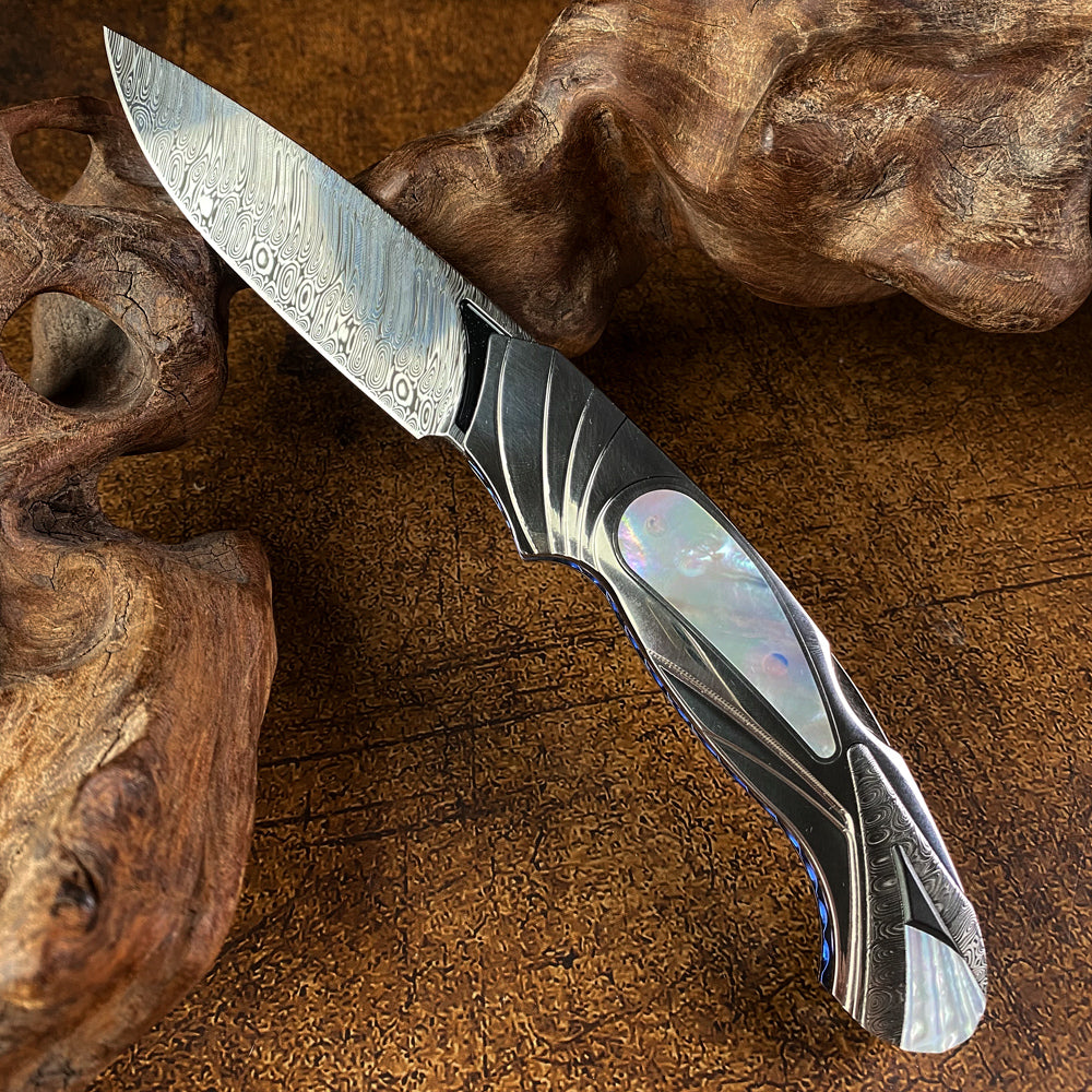 Lockback Folder Inlaid with Mother of Pearl, Damasteel