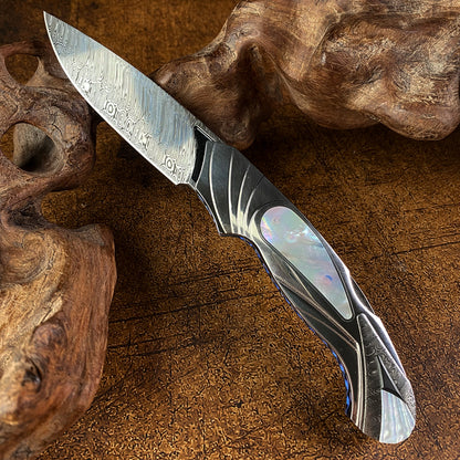 Lockback Folder Inlaid with Mother of Pearl, Damasteel