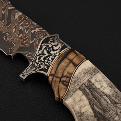 Custom Hand-carved Hunting Knife, Copper-Clad Damascus Steel