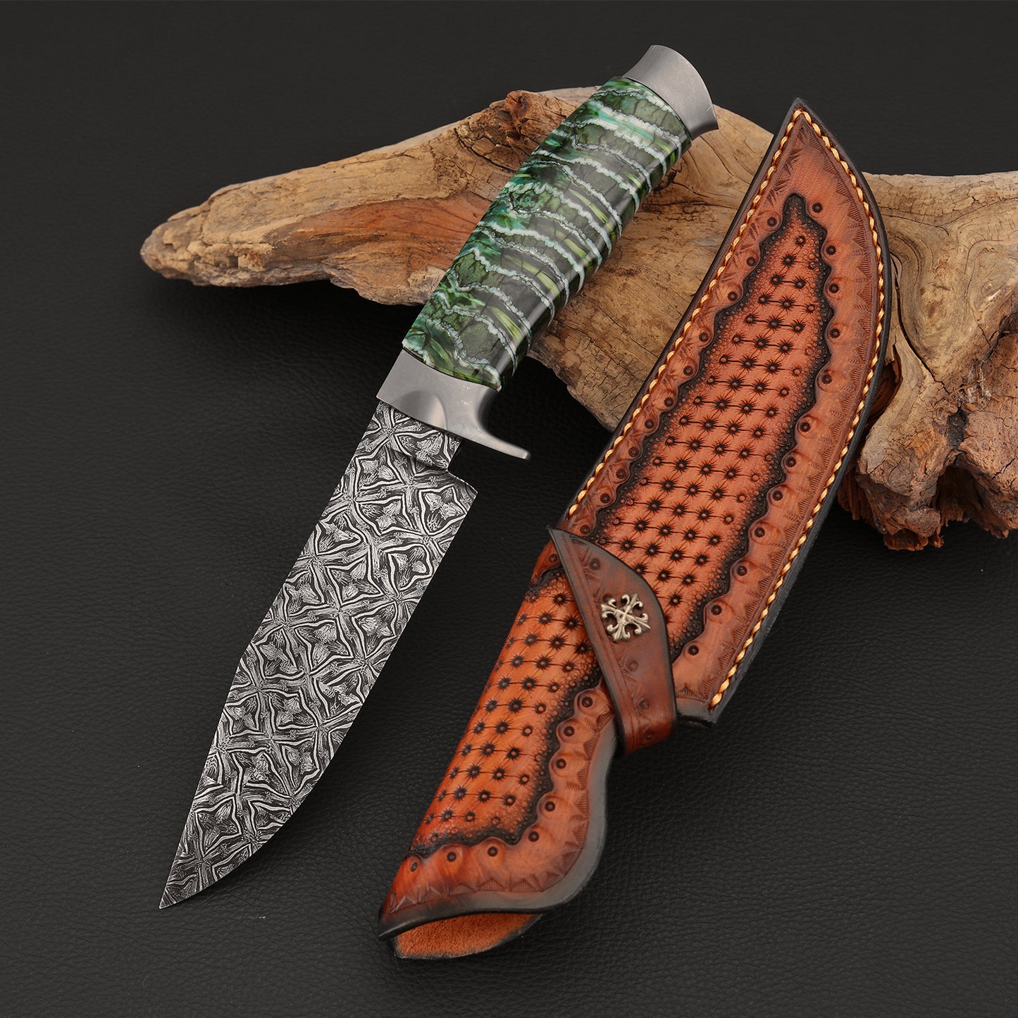 Custom Hunter in Mosaic Damascus with Mammoth Tusks