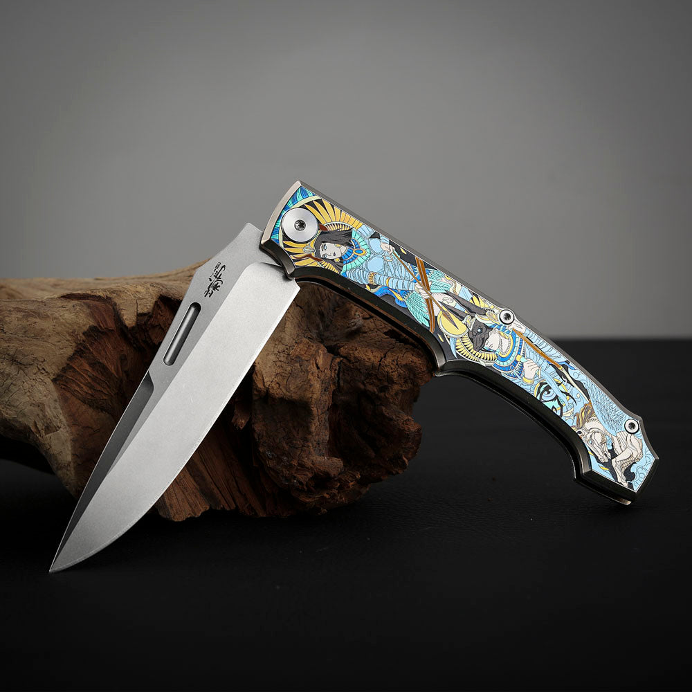 Anubis Pocket Knife Titanium 3D Coloured Sculpting - Vanax Steel