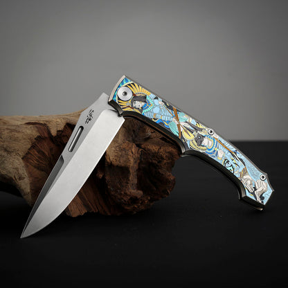 Anubis Pocket Knife Titanium 3D Coloured Sculpting - Vanax Steel