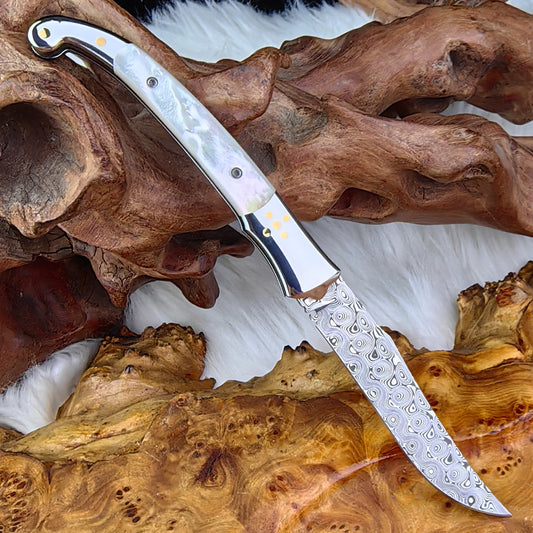 Custom Pocket Knife in Damasteel, Mother of Pearl
