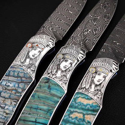 Hand-engraved Folding Knife Damascus Steel, Mammoth Tusks