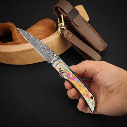 Color Engraving Pocket Knife in Damascus Steel, Titanium