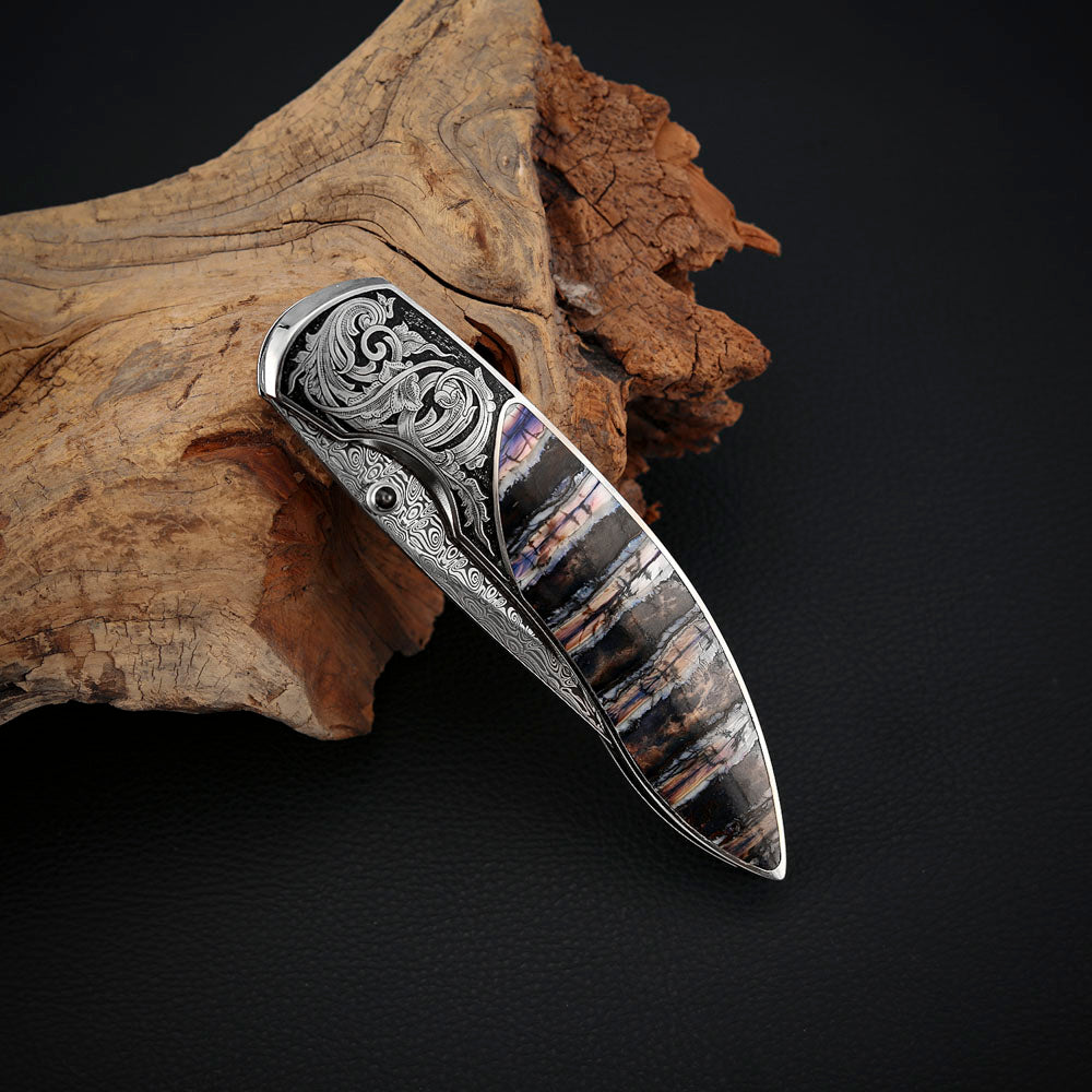 Custom Engraved Liner Lock Folder, Powder Damasteel
