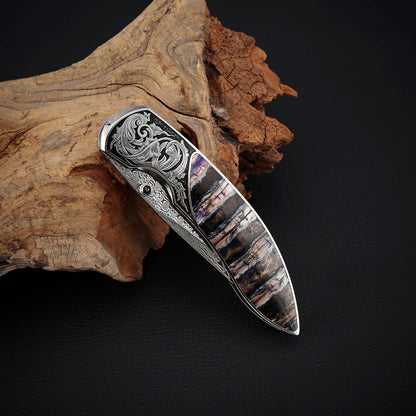 Custom Engraved Liner Lock Folder, Powder Damasteel