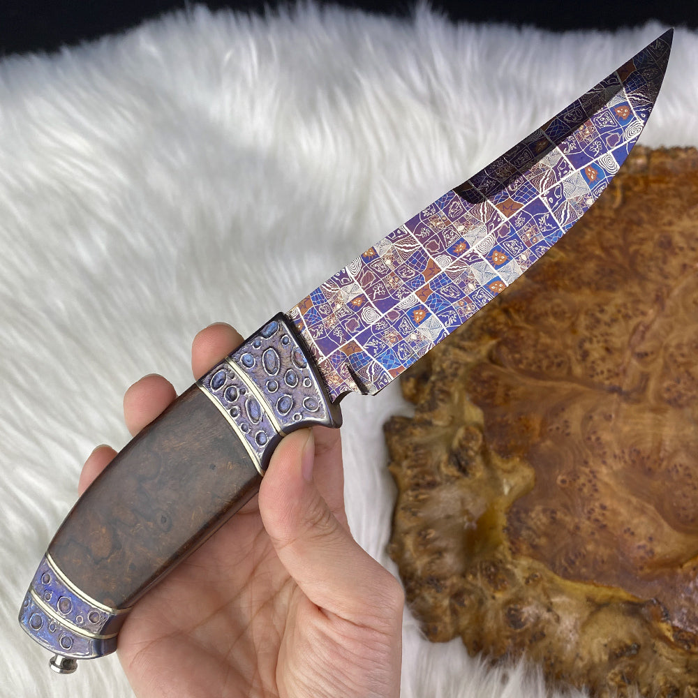 Mosaic Damascus Fixed Blade Knife with Bluing Heat Treatment