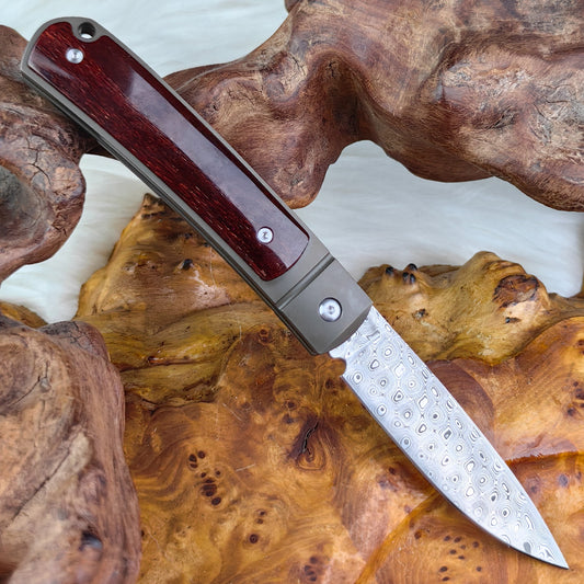 Custom Drop Point Pocket Knife in Damasteel, Brown