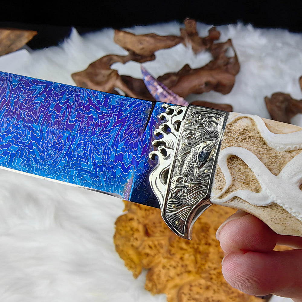 Hand-engraved Fixed Blade Knife in Mosaic Damascus