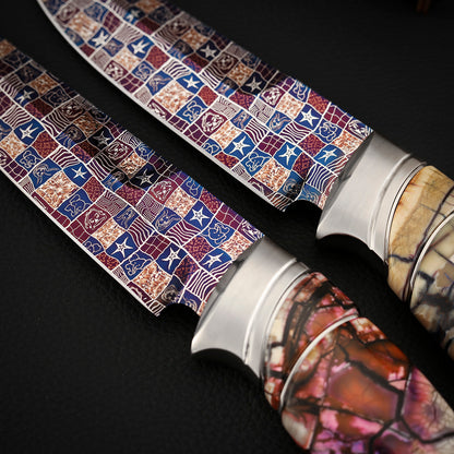 Custom Hunting Knife Mosaic Damascus Bluing Heat Treatment
