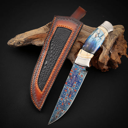 Custom Knives Mosaic Damascus Bluing Heating Leather Sheath