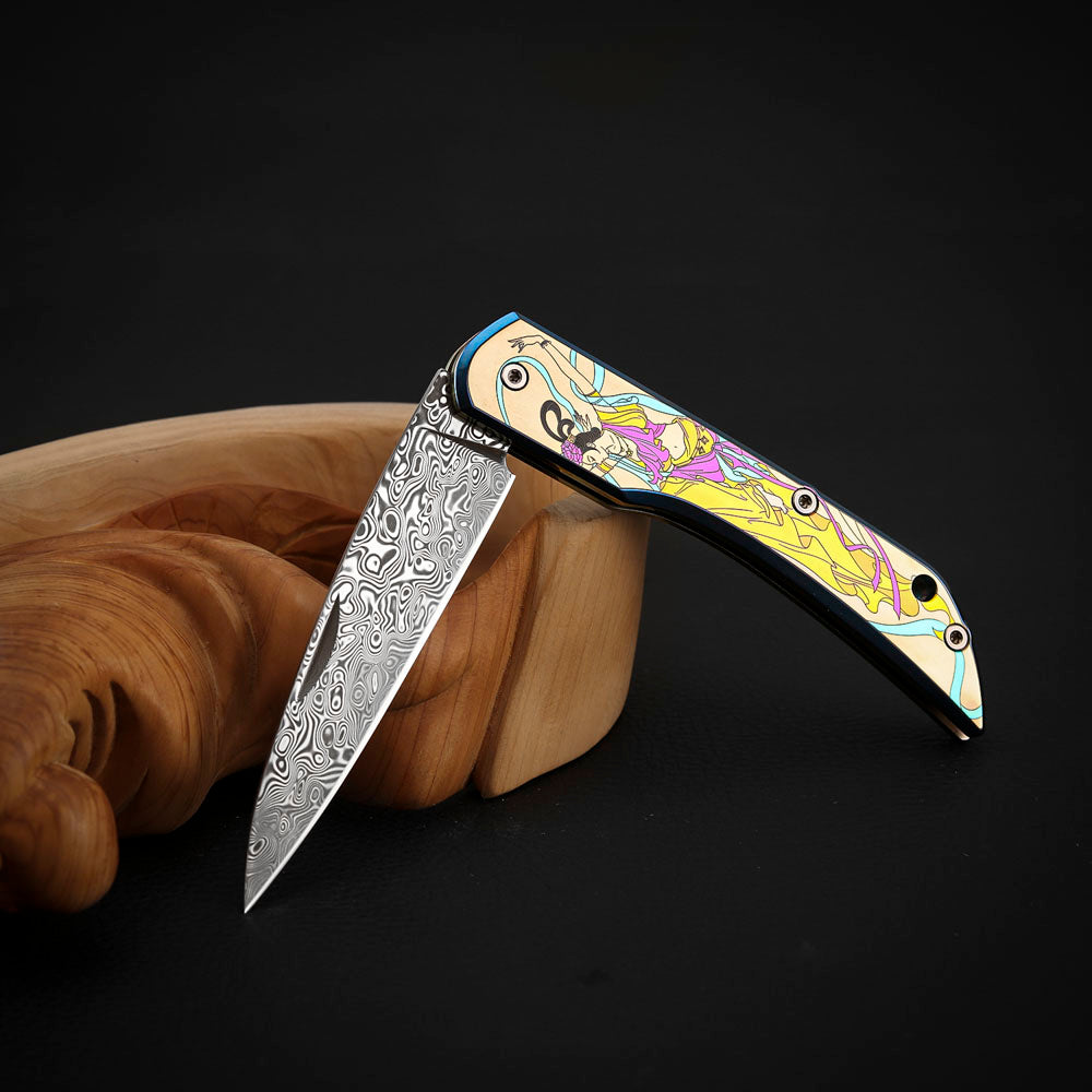 Color Engraving Pocket Knife in Damascus Steel, Titanium