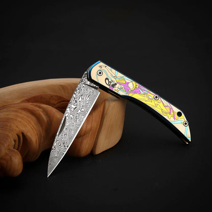 Color Engraving Pocket Knife in Damascus Steel, Titanium