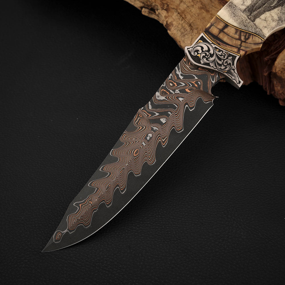 Custom Hand-carved Hunting Knife, Copper-Clad Damascus Steel