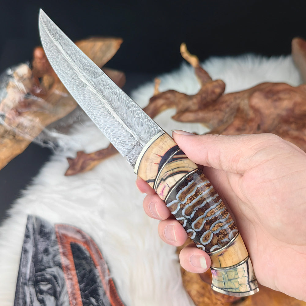 Feather Damascus Puukko Knife with Mammoth Tusks