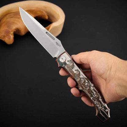 3.7 Inch Pocket Knife Laser-Engraved Titanium Handle, Vanax Steel