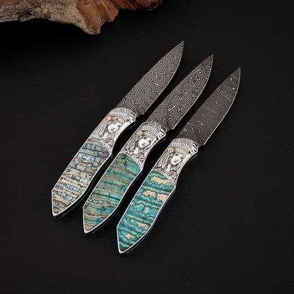 Hand-engraved Folding Knife Damascus Steel, Mammoth Tusks