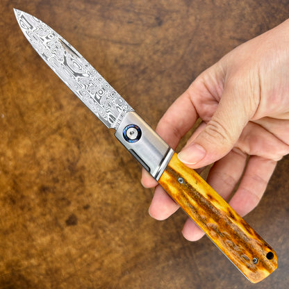 Pocket Knife in Damasteel with Buckhorn