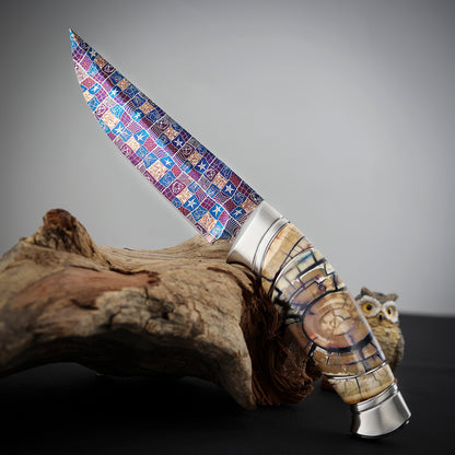 Custom Hunting Knife Mosaic Damascus Bluing Heat Treatment