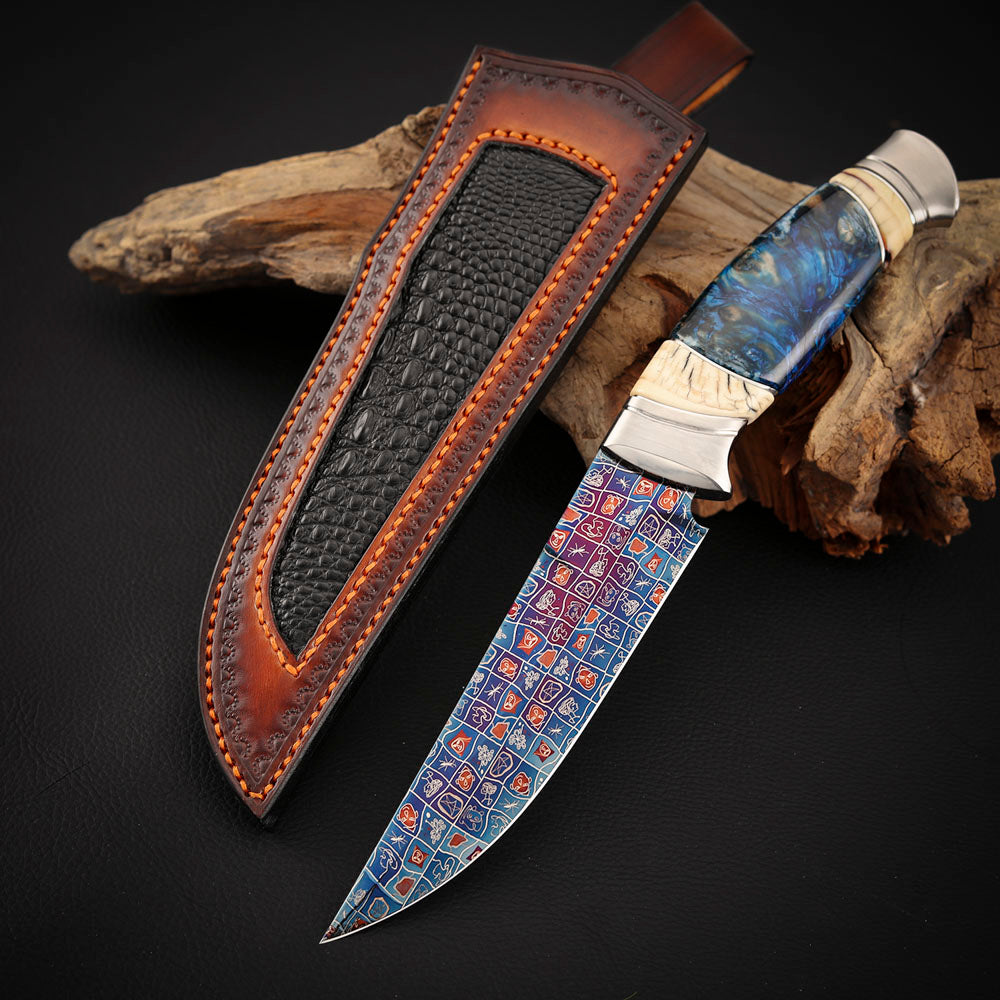 Custom Knives Mosaic Damascus Bluing Heating Leather Sheath