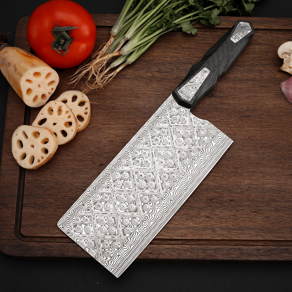 7.4" Cleaver Knife in Damasteel with Carbon Fiber